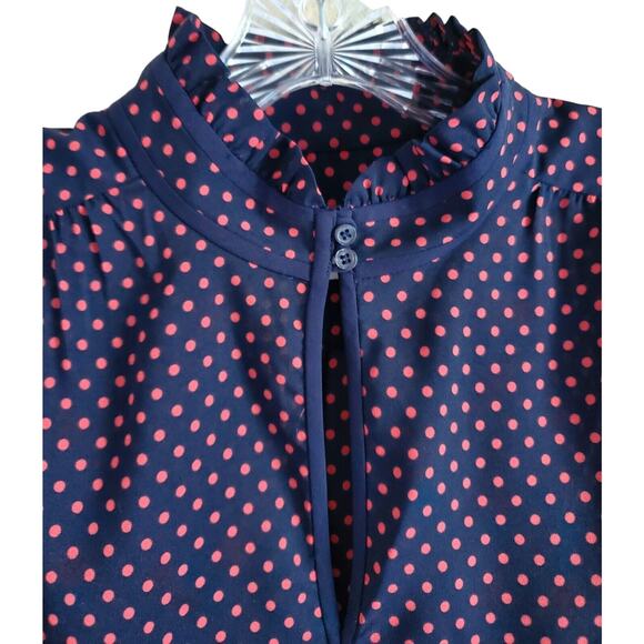 J CREW Women 6 Blouse Top Navy Chiffon Blue & Pink Polka Dots Front Keyhole 38" - Picture 3 of 8